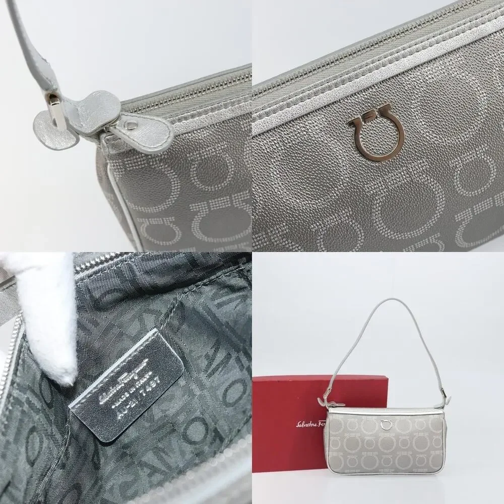 Salvatore Ferragamo Leather Coated Canvas Hand Pouch Silver